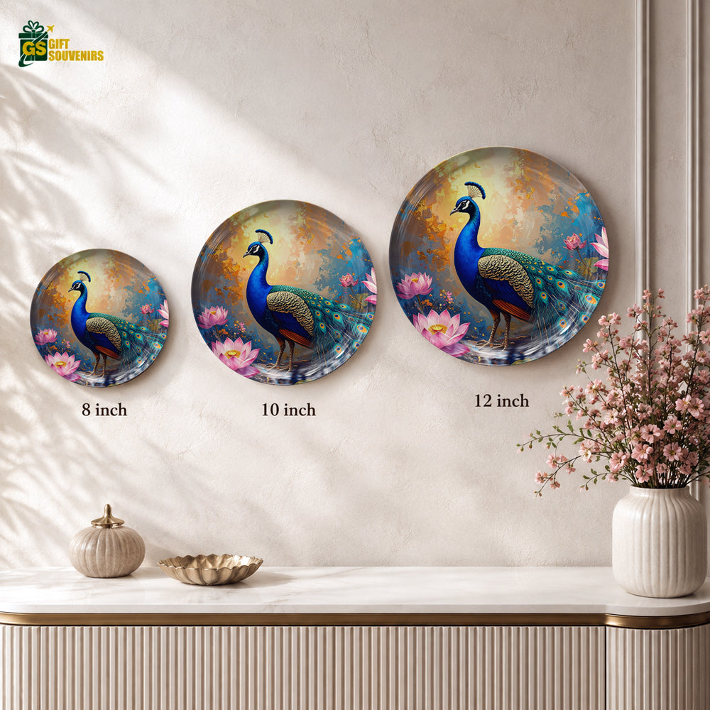 Divine Bloom decorative peacock wall plate with lotus flowers and colorful artwork in a premium gift box
