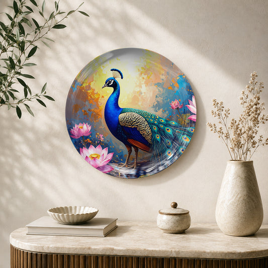 Divine Bloom Vaastu peacock ceramic wall plate with vibrant blue feathers and lotus flowers