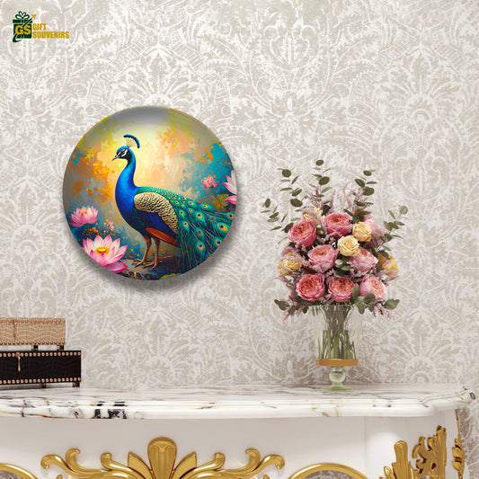 Premium ceramic peacock wall décor in blue and gold tones