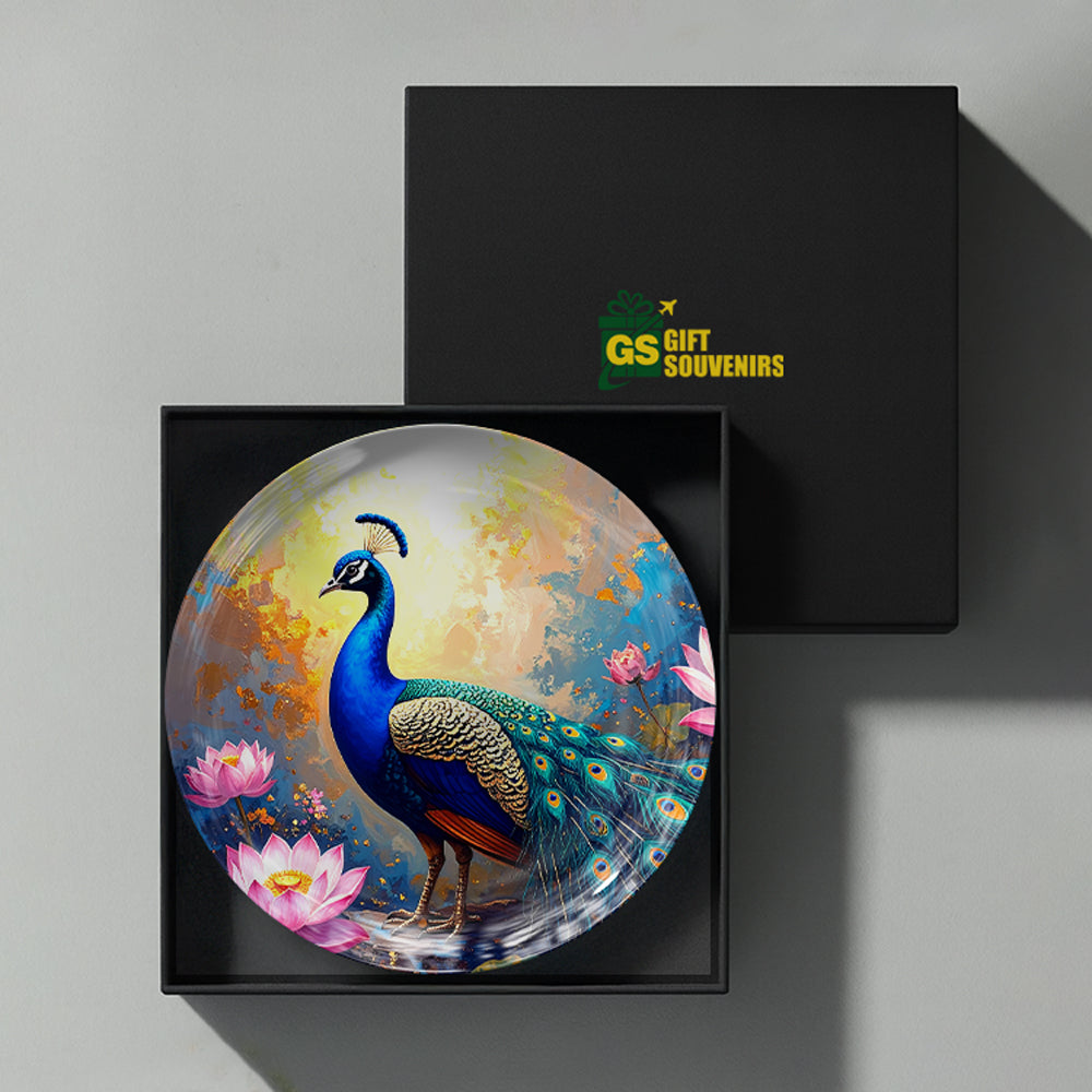 Divine Bloom Vaastu peacock ceramic wall plate presented in a premium gift box for gifting and home decor