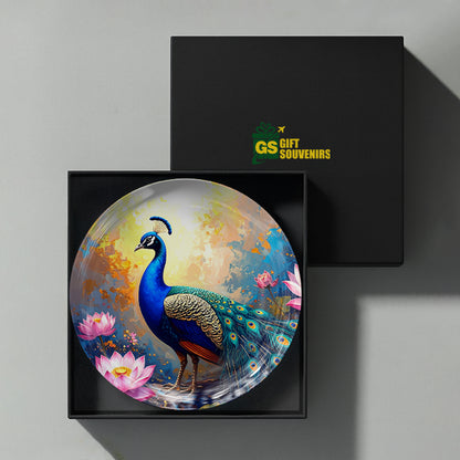 Divine Bloom Vaastu peacock ceramic wall plate presented in a premium gift box for gifting and home decor