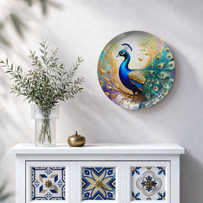 Golden Aura blue peacock ceramic wall plate featuring colorful turquoise and golden feather details