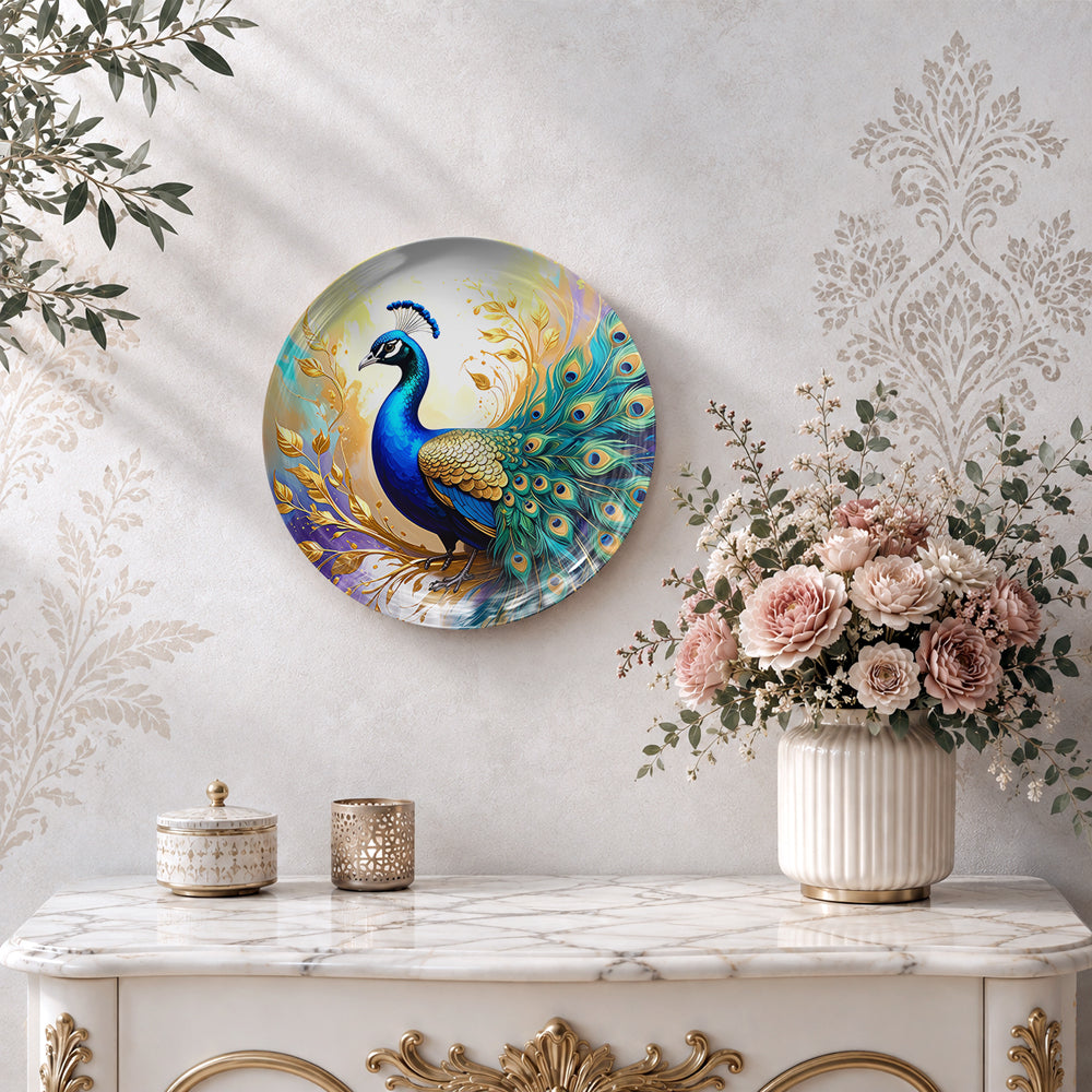 Golden Aura Vaastu ceramic wall plate with majestic peacock artwork and ornate feather patterns