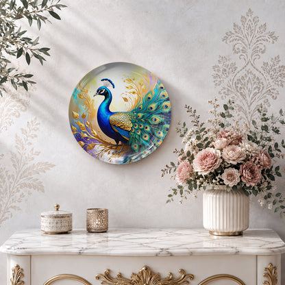 Golden Aura Vaastu ceramic wall plate with majestic peacock artwork and ornate feather patterns