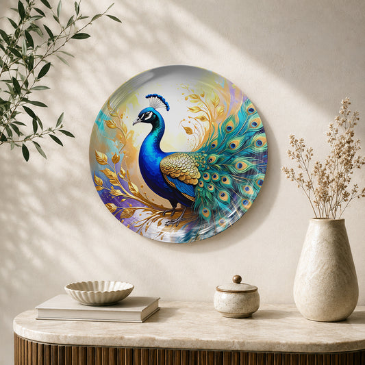Golden Aura Vaastu peacock ceramic wall plate with vibrant blue and golden feathers