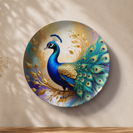 Golden Aura decorative peacock ceramic wall plate for Vaastu and Feng Shui home decor