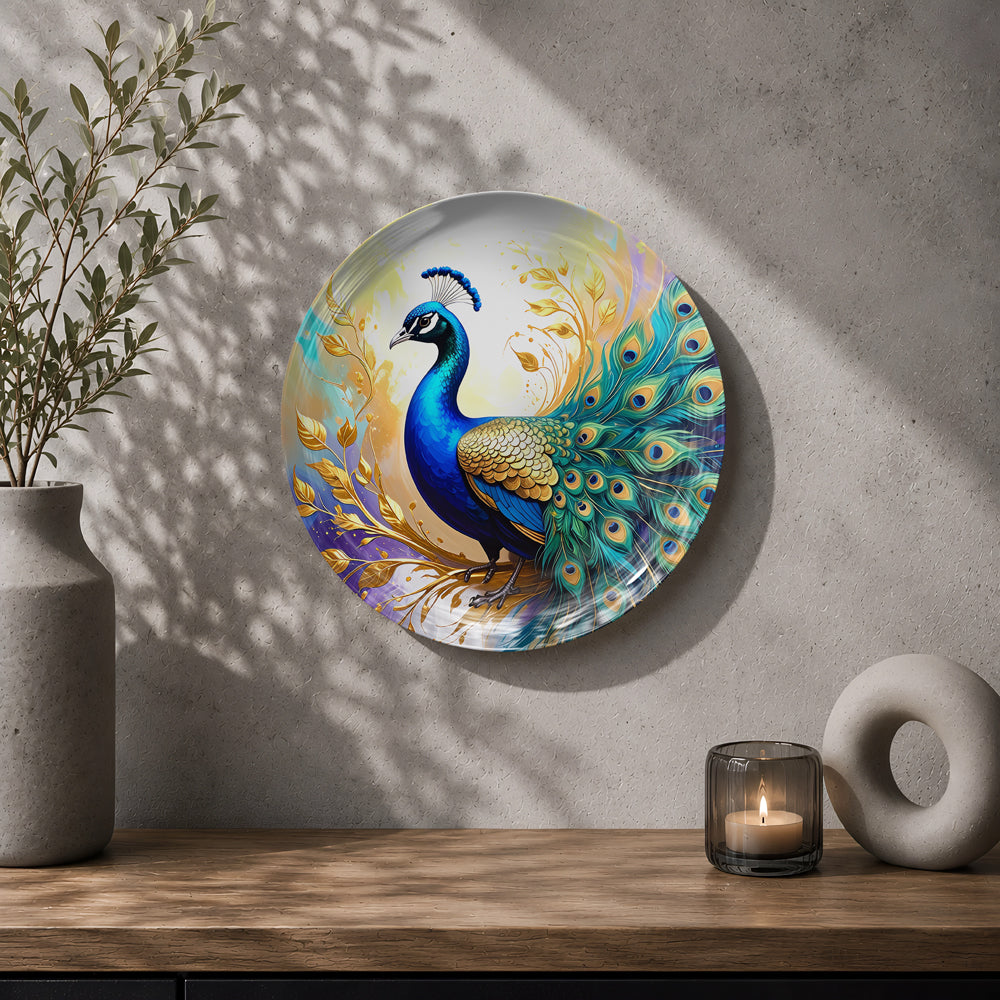 Golden Aura peacock ceramic wall decor plate displayed on a modern living room wall