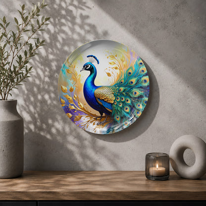 Golden Aura peacock ceramic wall decor plate displayed on a modern living room wall