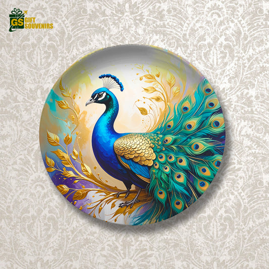 Vaastu peacock wall plate with golden leaves and blue feathers
