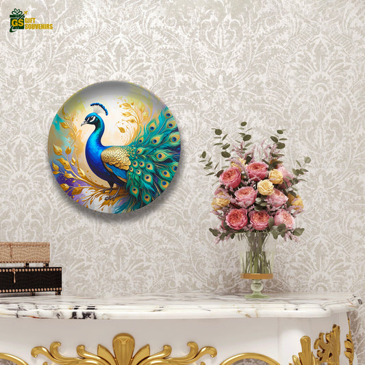 Luxury Vaastu-inspired peacock wall art in blue and gold tones