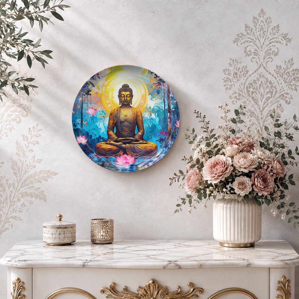 Tranquil Enlightenment Vaastu ceramic wall plate featuring meditating Buddha with golden halo