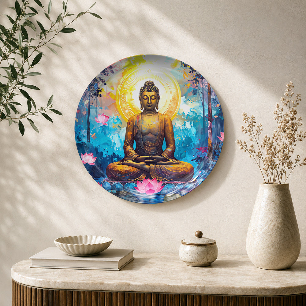 Tranquil Enlightenment Vaastu Buddha ceramic wall plate with lotus flower and vibrant blue artwork