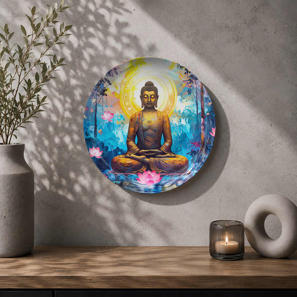 Tranquil Enlightenment Buddha wall decor plate with lotus flower and colorful spiritual artwork
