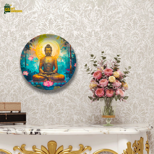 Vaastu Buddha wall plate with golden tones and lotus flowers