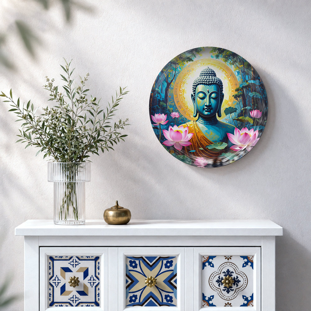 Ethereal Calm decorative ceramic wall plate with serene Buddha artwork and vibrant lotus flowers