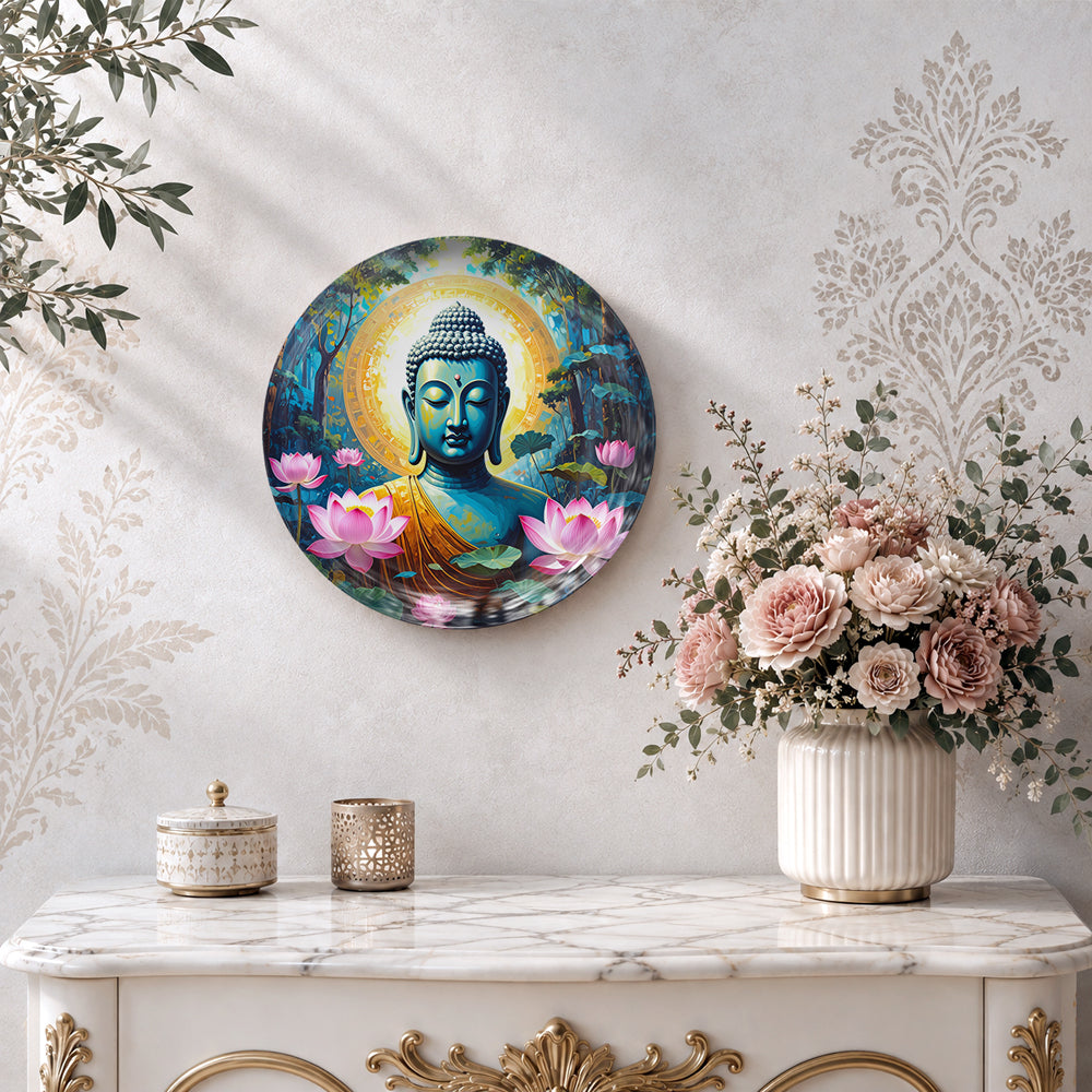 Ethereal Calm Vaastu wall plate featuring a peaceful Buddha surrounded by lotus blossoms