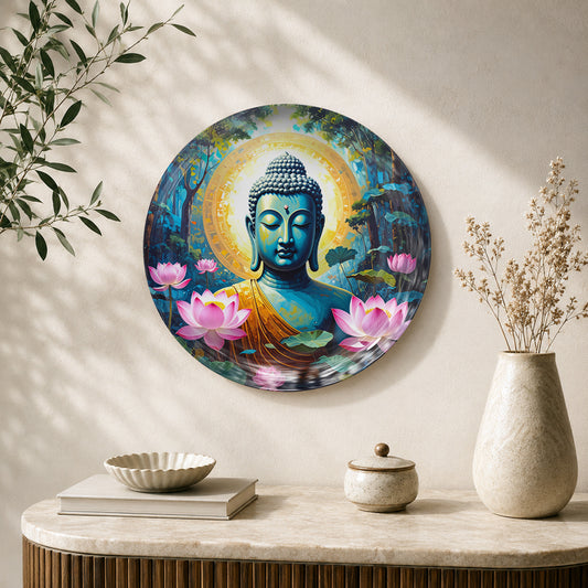 Ethereal Calm Vaastu ceramic wall plate featuring a meditating Buddha and pink lotus flowers