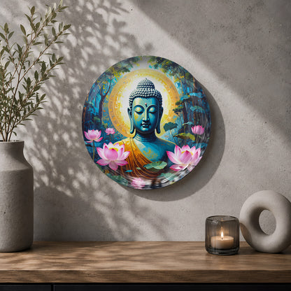 Ethereal Calm Buddha ceramic wall decor plate with blue, teal and golden spiritual artwork