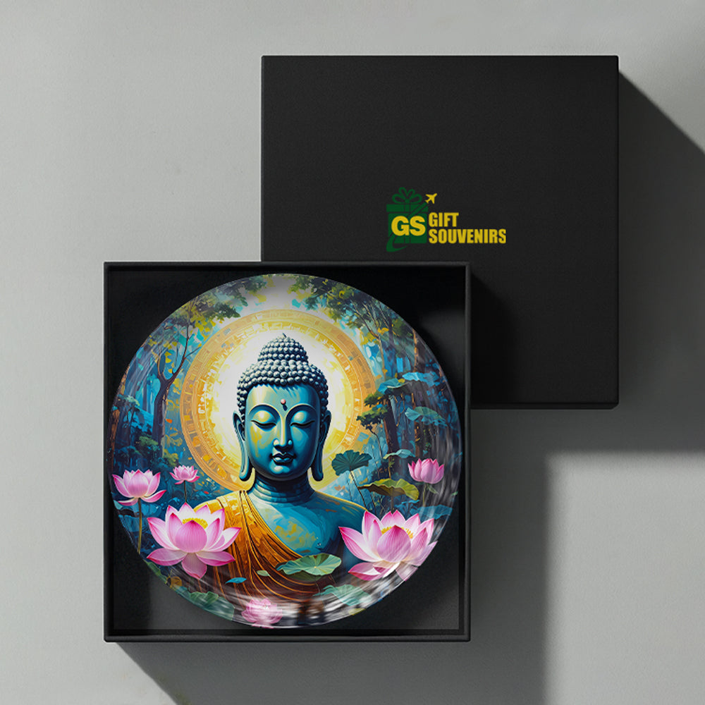 Ethereal Calm Vaastu Buddha ceramic wall plate presented in a premium gift box for gifting and home decor