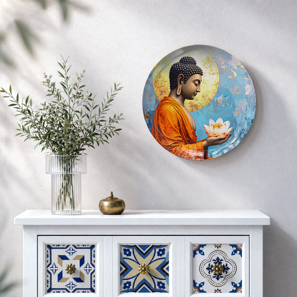 Divine Serenity decorative Buddha ceramic wall plate featuring serene meditation artwork