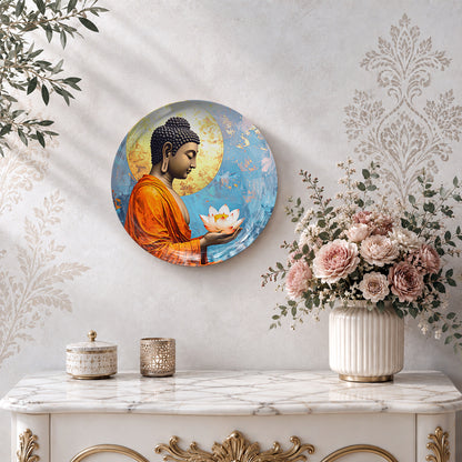Divine Serenity Vaastu ceramic wall plate with Buddha in orange robes holding a lotus flower