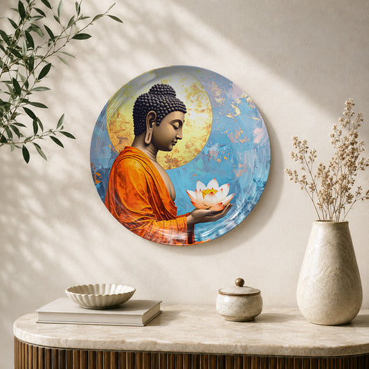 Divine Serenity Vaastu Buddha ceramic wall plate with peaceful Buddha and lotus flower artwork