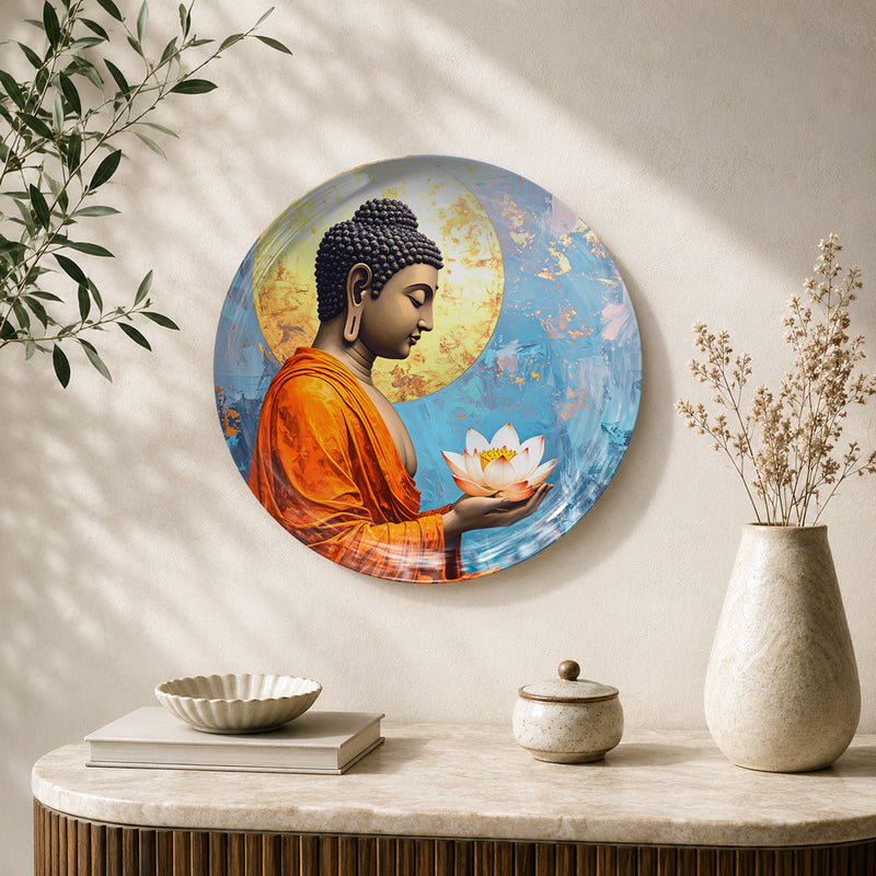 Divine Serenity Vaastu Buddha ceramic wall plate with peaceful Buddha and lotus flower artwork