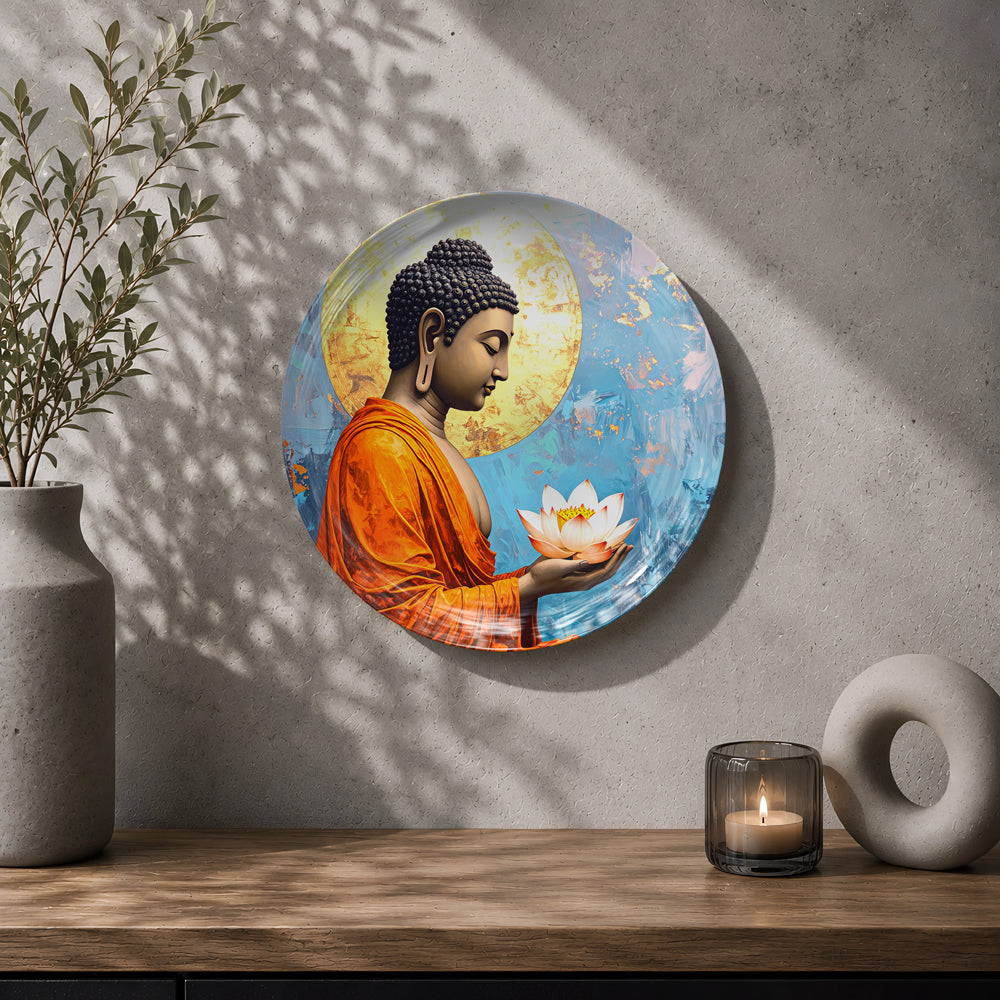 Divine Serenity Buddha wall decor plate with vibrant blue, golden and orange spiritual artwork