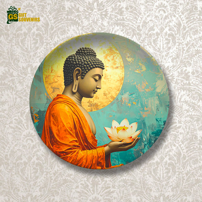 Vaastu Buddha wall plate holding lotus flower in saffron robe