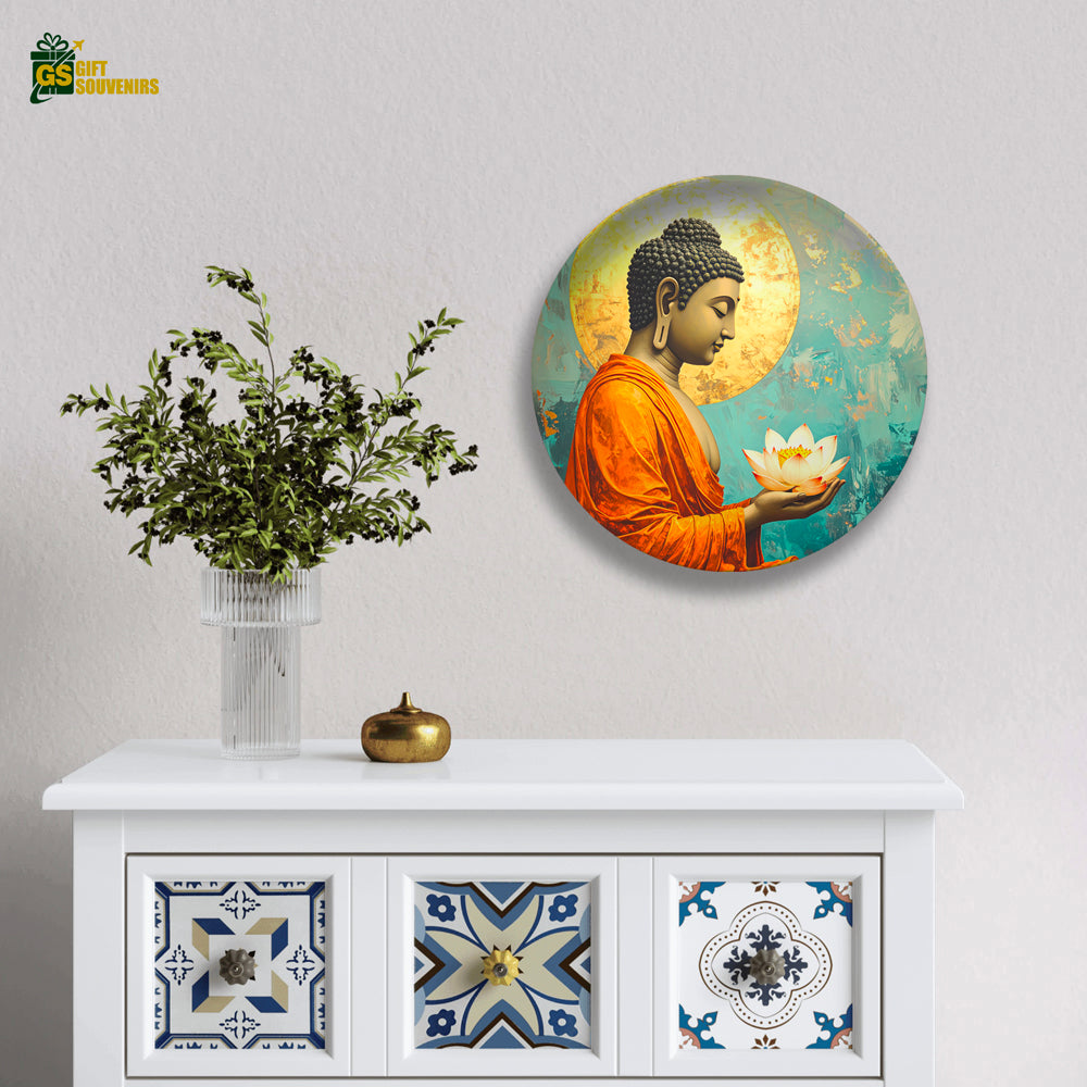 Decorative ceramic wall plate with serene Buddha and lotus