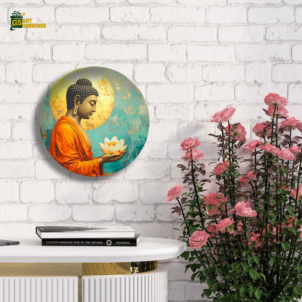 Golden aura Buddha wall plate representing calm and mindfulness