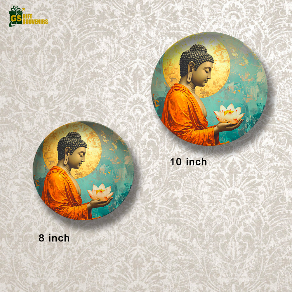 Buddha wall art in orange and turquoise tones for harmony