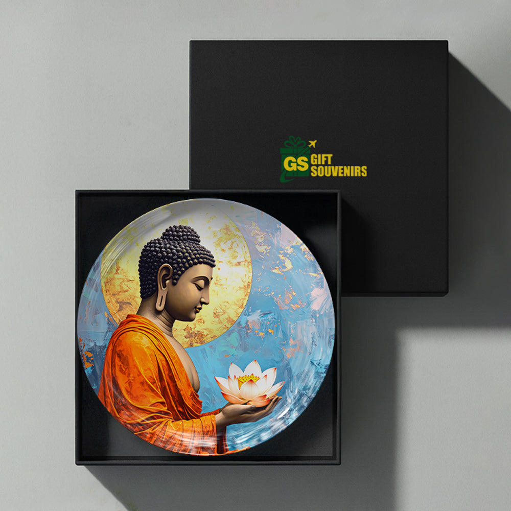 Divine Serenity Vaastu Buddha ceramic wall plate presented in a premium gift box for gifting