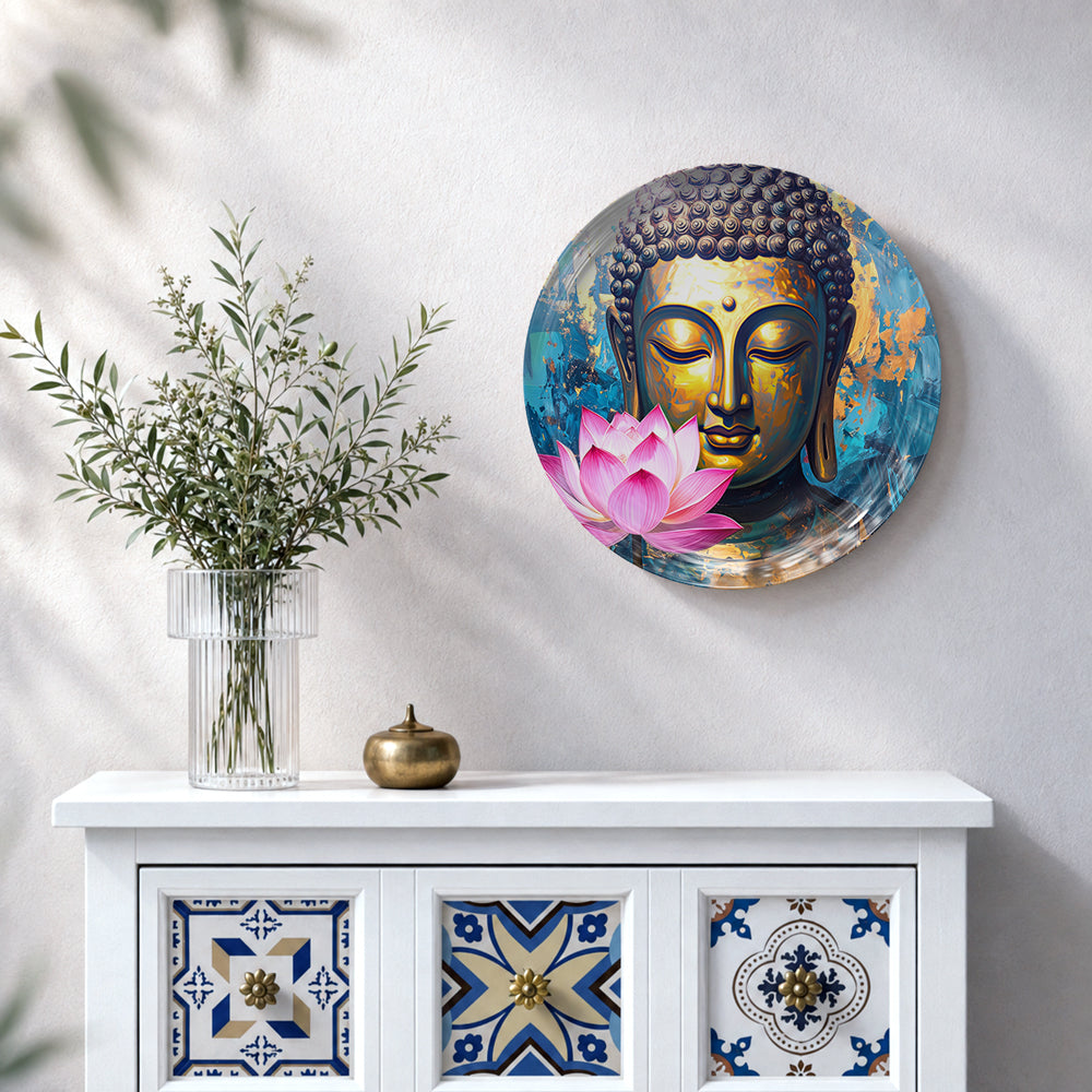 Golden Tranquility decorative Buddha ceramic wall plate featuring serene Buddha and lotus artwork