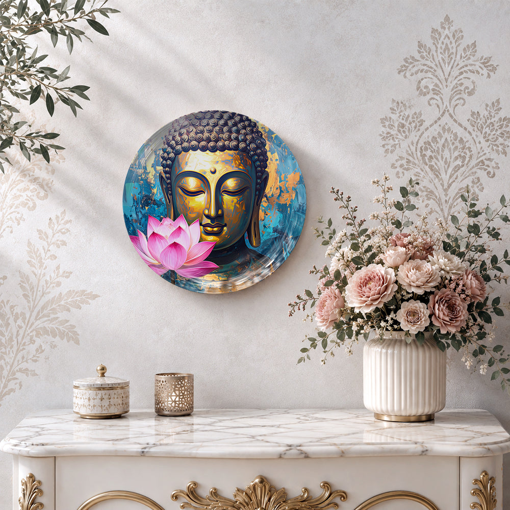 Golden Tranquility Vaastu ceramic wall plate with golden Buddha face and vibrant blue background