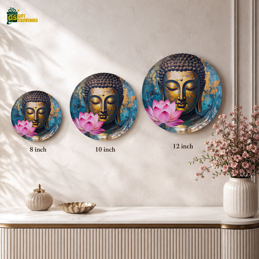 Golden Tranquility decorative Vaastu Buddha ceramic wall plate displayed with premium gift box