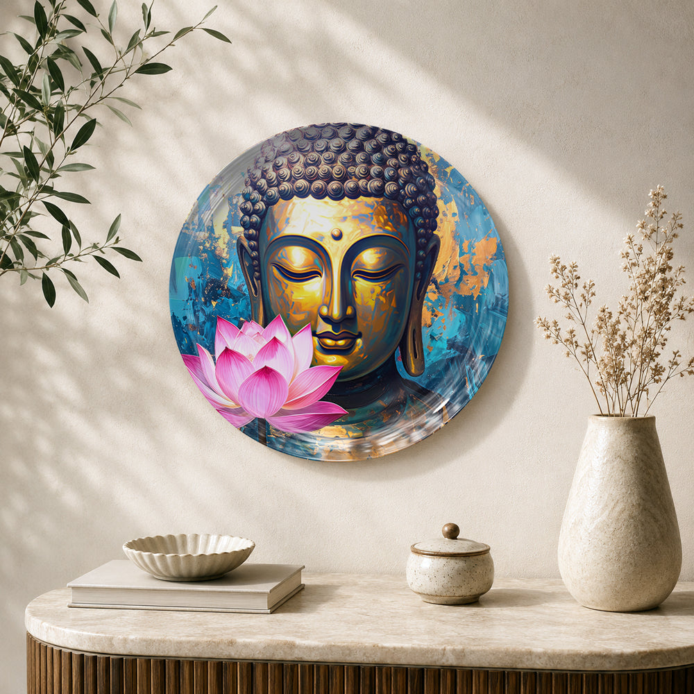 Golden Tranquility Vaastu Buddha ceramic wall plate with golden Buddha and pink lotus flower