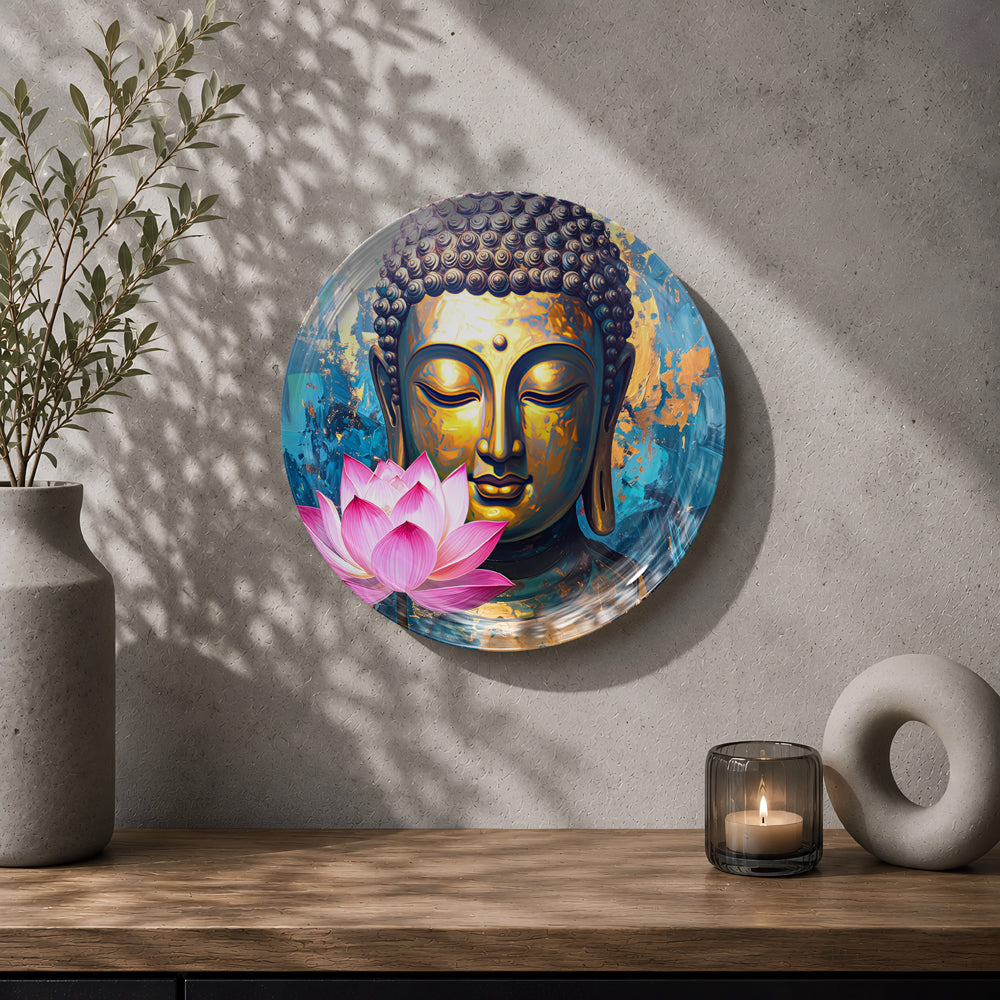 Golden Tranquility Buddha wall decor plate with pink lotus flowers and colorful spiritual artwork