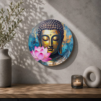 Golden Tranquility Buddha wall decor plate with pink lotus flowers and colorful spiritual artwork