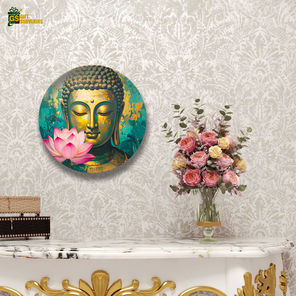 Vaastu Buddha wall plate with golden face and pink lotus flower
