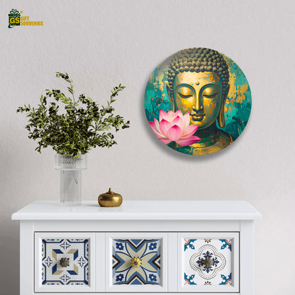 Decorative ceramic wall plate featuring golden Buddha and lotus