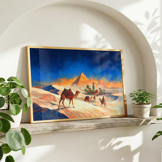 Pyramids of Egypt artwork with camels travelling through desert sands beneath a deep blue and golden evening sky