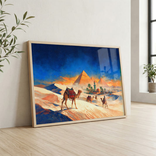 Egypt pyramids canvas wall art featuring a camel caravan crossing golden desert dunes beneath a dramatic sunset sky