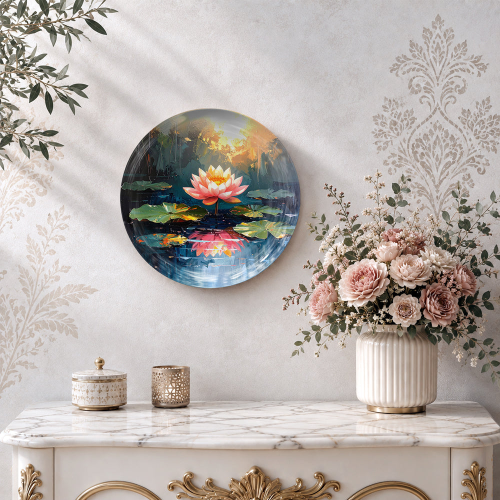 Lotus Calm decorative wall plate featuring a vibrant pink lotus floating on a serene pond