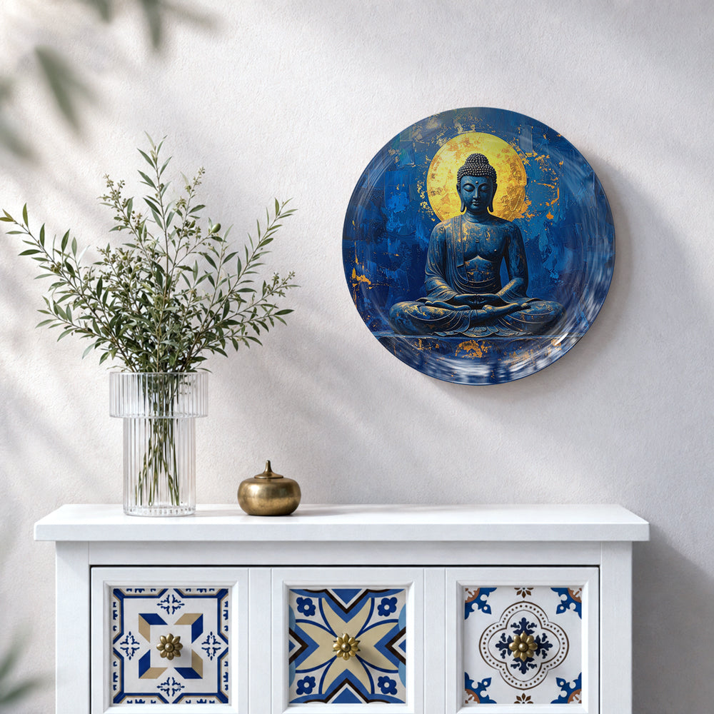 Celestial Peace decorative Buddha ceramic wall plate featuring meditating Buddha in deep blue artwork
