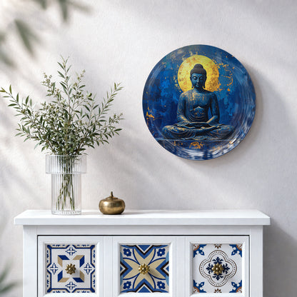 Celestial Peace decorative Buddha ceramic wall plate featuring meditating Buddha in deep blue artwork