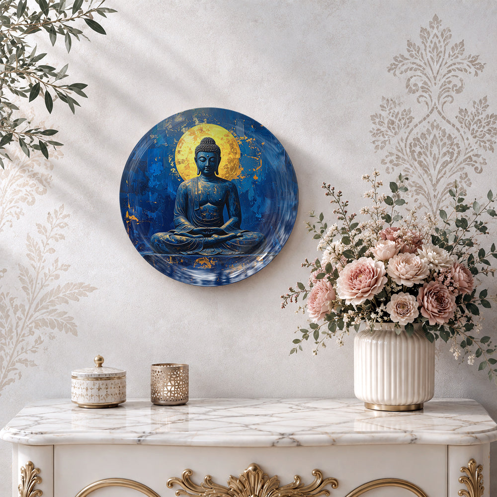 Celestial Peace Vaastu ceramic wall plate with Buddha meditation artwork and golden accents