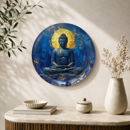 Celestial Peace Vaastu Buddha ceramic wall plate with serene Buddha and golden halo