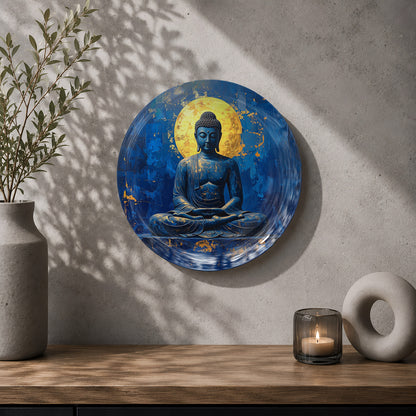 Celestial Peace Buddha wall decor plate with deep blue tones and tranquil spiritual artwork