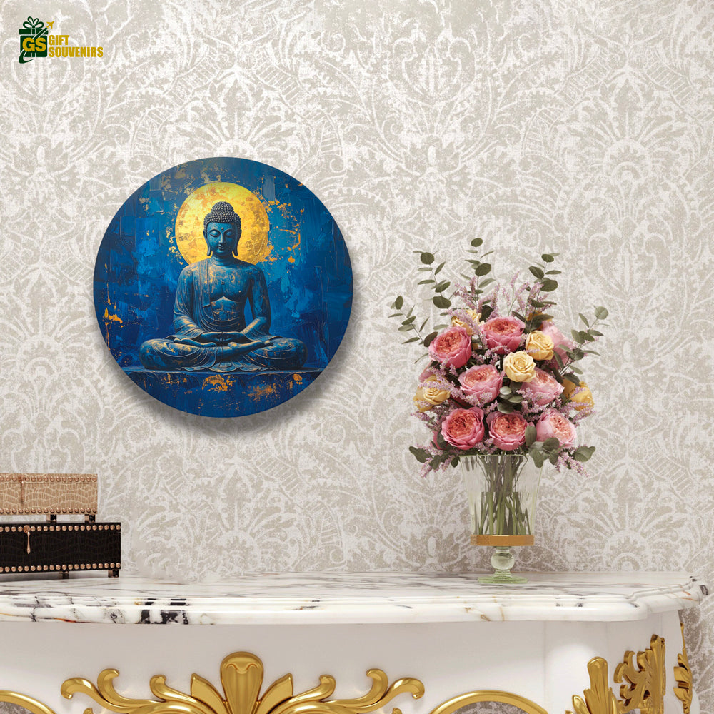 Vaastu Buddha wall plate with golden halo and blue tones